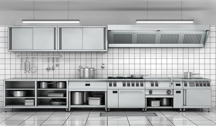 Professional kitchen facade. View surface in stainless steel.